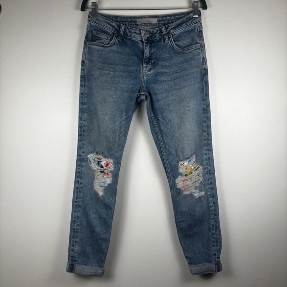 Moto Ankle Length Jeans with Floral Fabric Accents - Picture 1 of 7